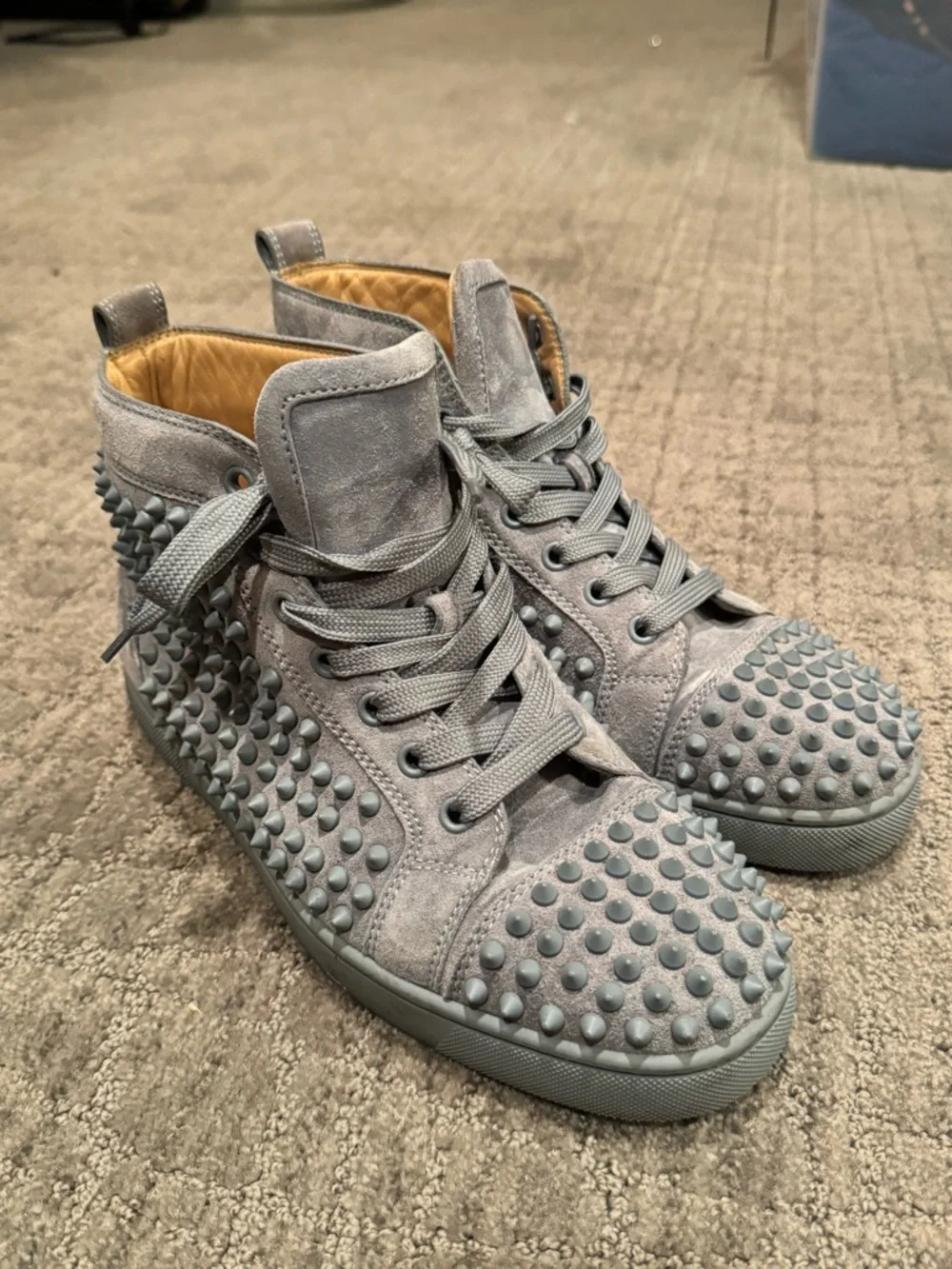 Christian Louboutin Gray Suede Studded High-Top Sneakers - Picture 2 of 6